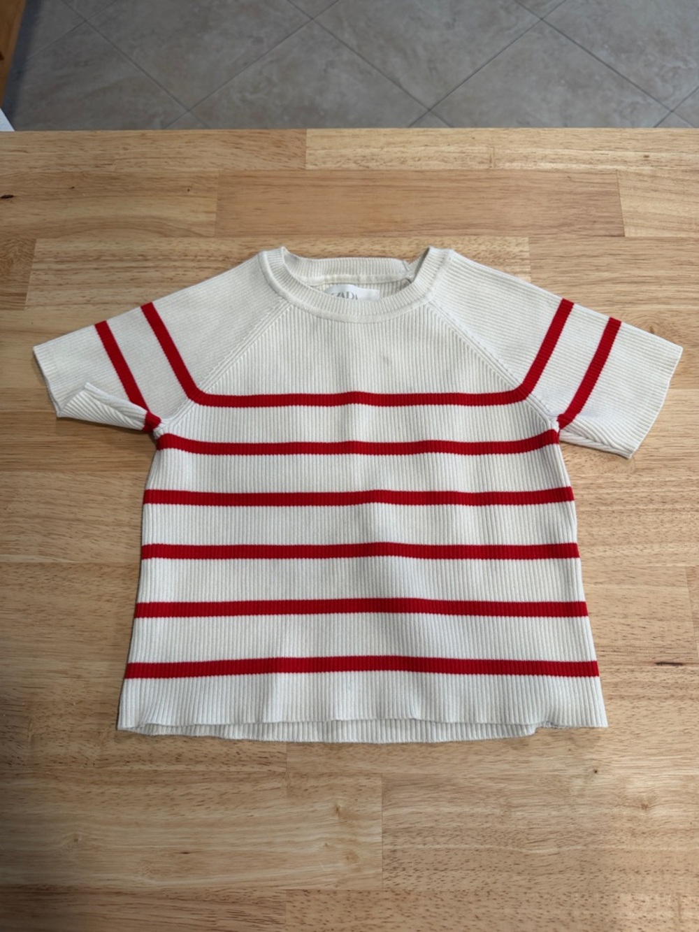 Zara Kids Short-Sleeve Knit Top - Cream with Red Stripes